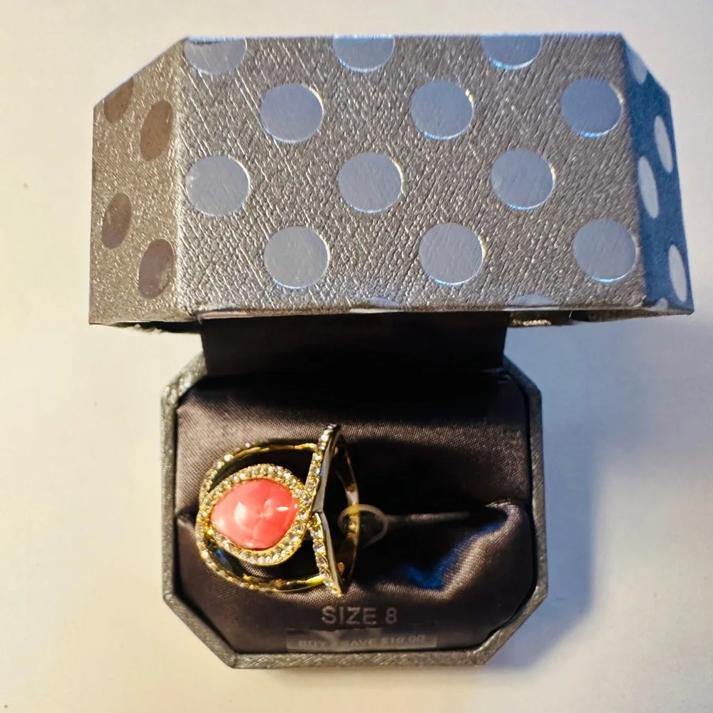 Dillard's Ring Faux Rose Quartz Gold Tone CZ Rhinestone Size 8